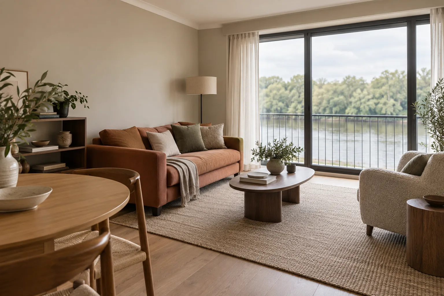 Light-filled apartment interior with a glimpse of water beyond the windows