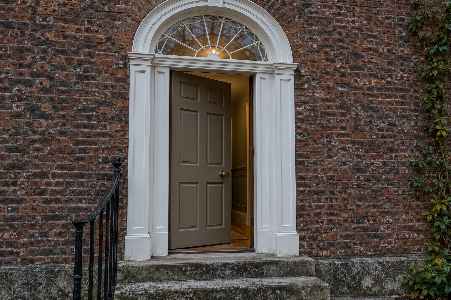 Painted Georgian entrance door beneath a delicate fanlight
