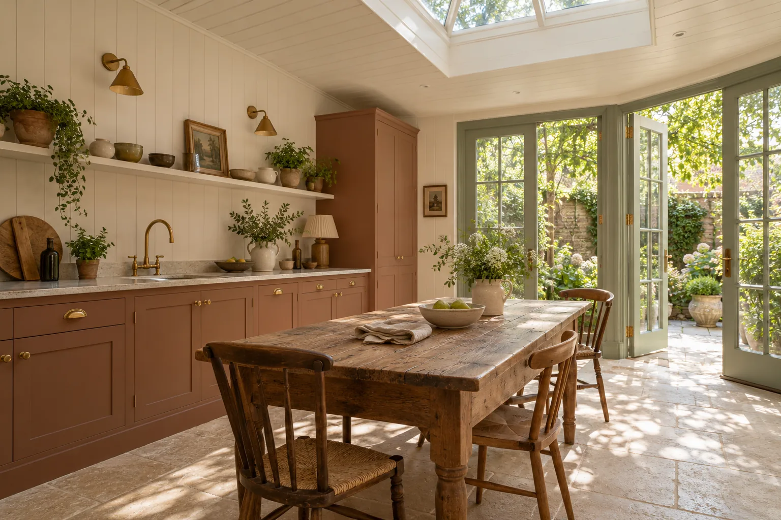 Garden-facing kitchen with painted joinery and tall glazed doors