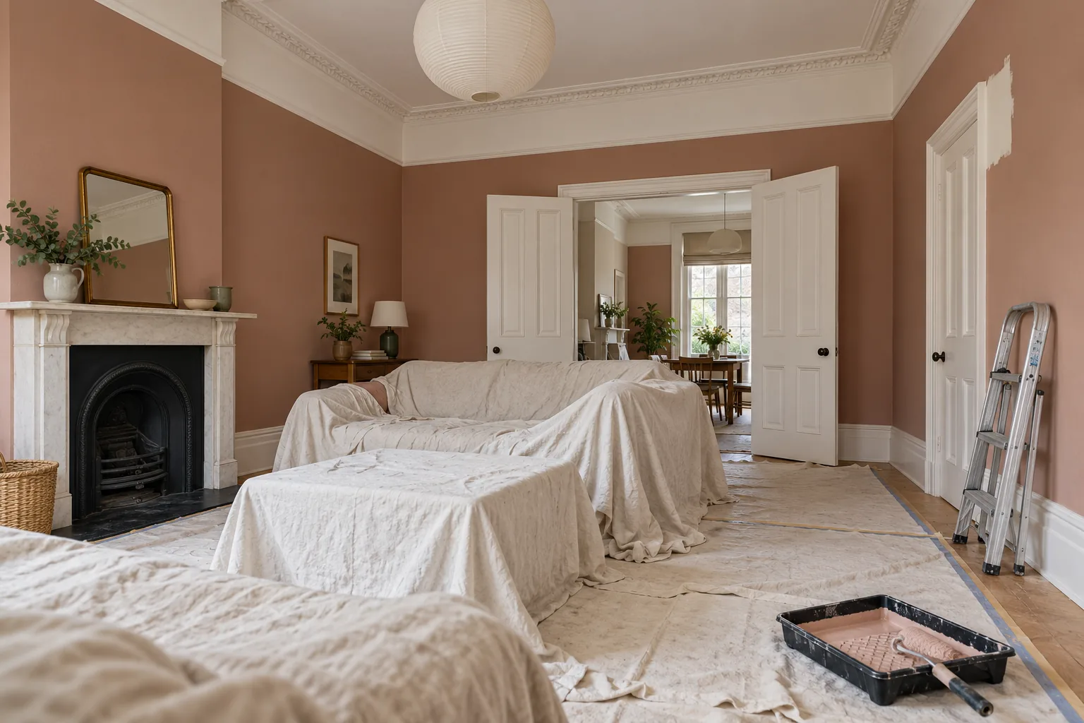 Family sitting room with floors protected for a wall repaint