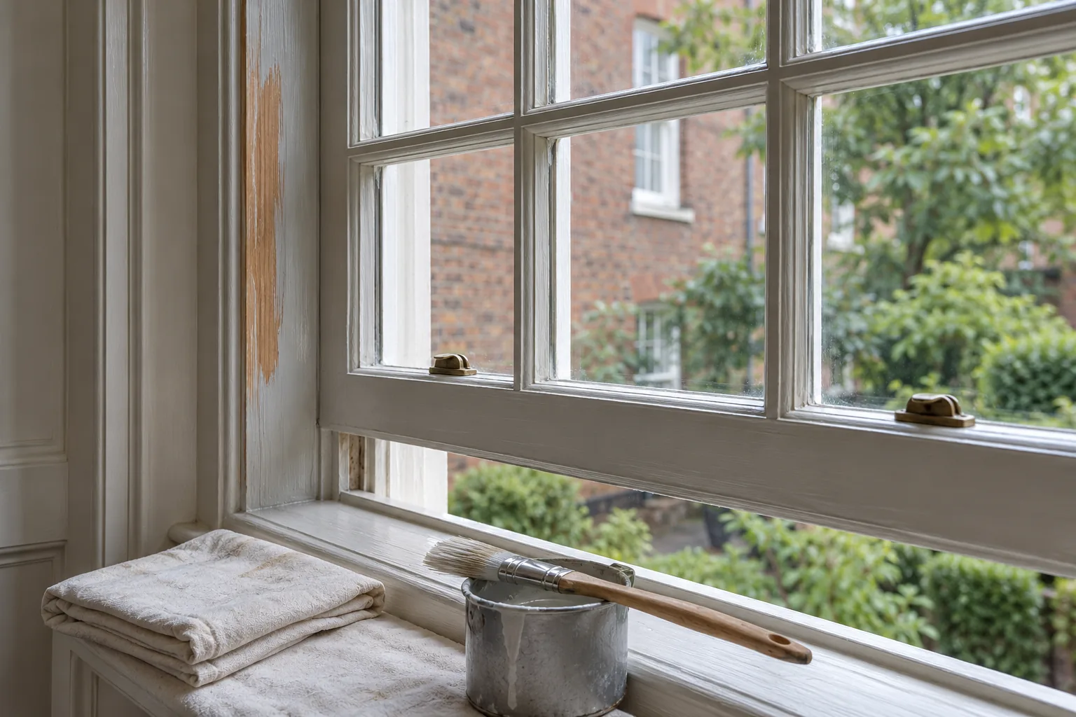 Partly opened timber sash window with a brush and paint tin on a protected sill