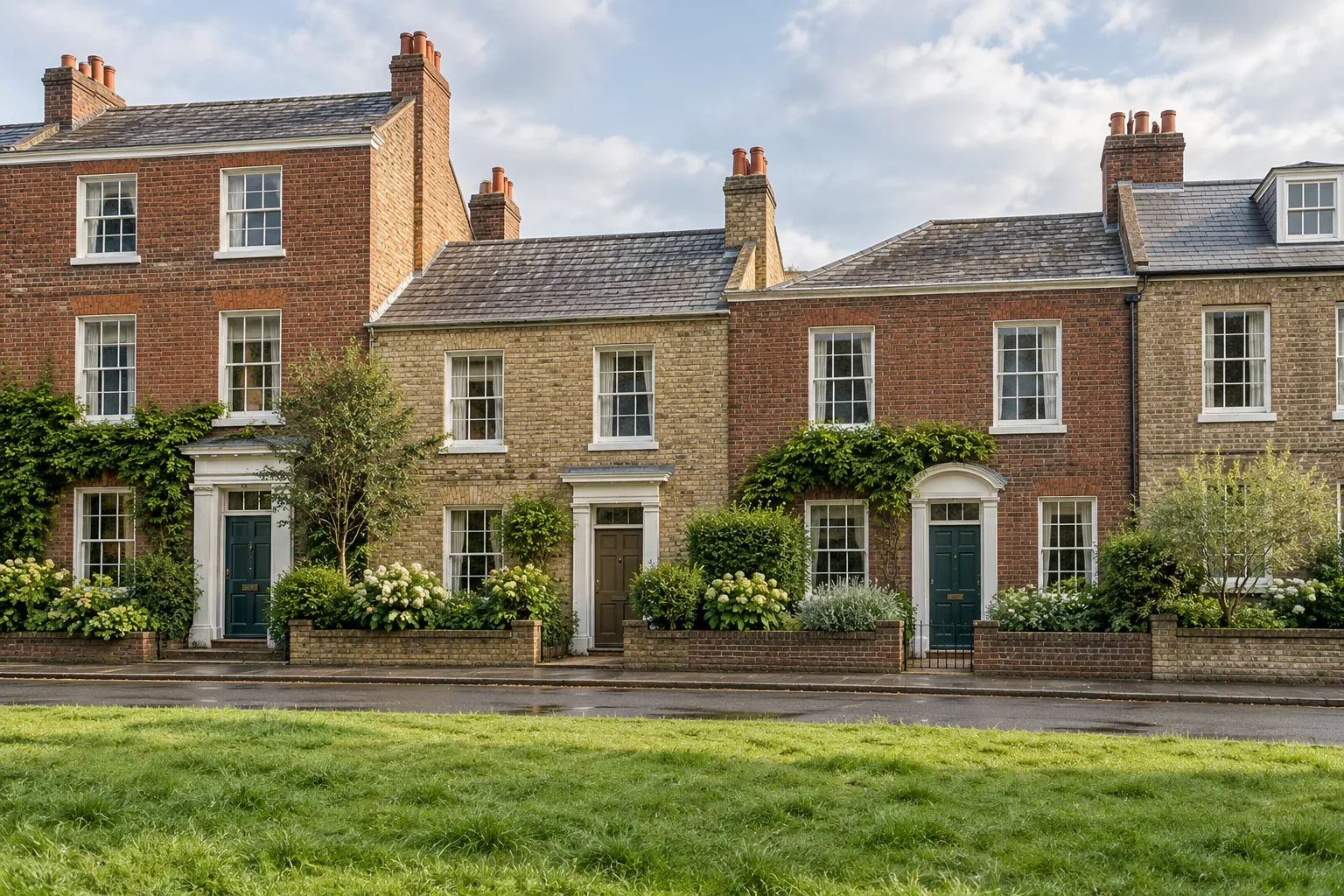 A terrace of Georgian brick houses with painted sash windows facing grass and trees